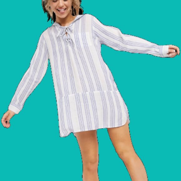 En Creme Hooded Striped Long Sleeve Mini Dress Beach Cover Up Size Large NWT - Picture 1 of 5